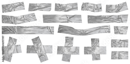 Wrinkled silver foil adhesive sticky tape. Isolated scotch pieces set.