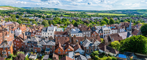 A panorama view across the High Street from the ramparts of the castle keep in Lewes, Sussex, UK in summertime photo