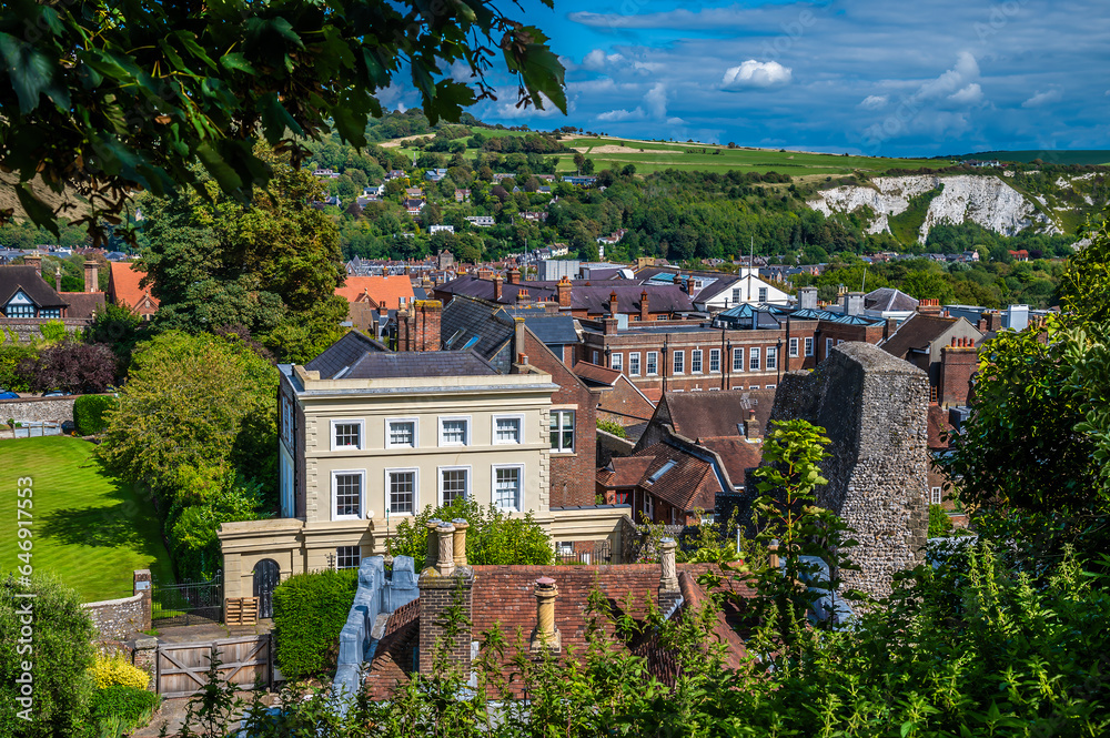 A view east down from the ramparts of the castle keep in Lewes, Sussex, UK in summertime
