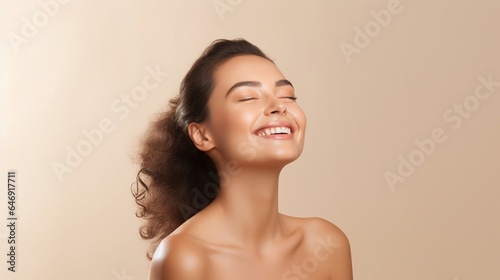 Skin, portrait, and woman beauty with a glowing face isolated on a white studio background. Cosmetics, makeup, and a happy girl model in the sun with a natural smooth face and a smile