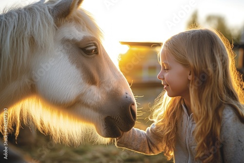 Little girl with a horse on a ranch.