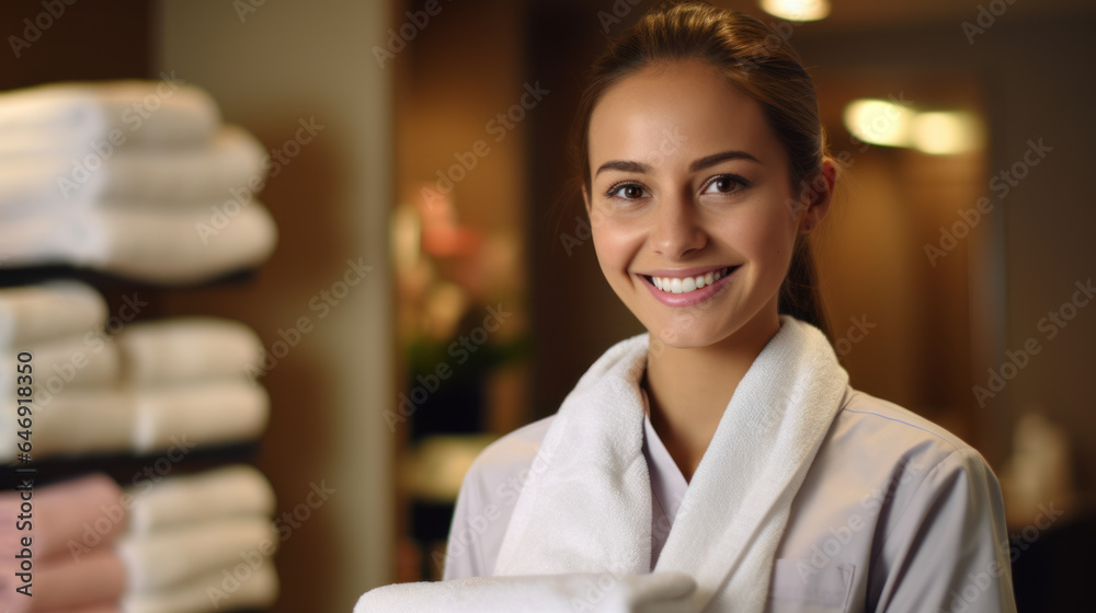 Portrait of a beautiful young woman in bathrobe at spa salon