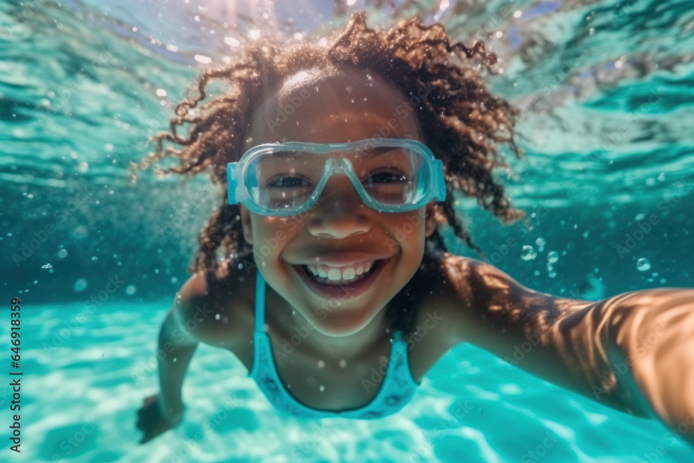 African american girl swimming underwater in pool and smiling at camera