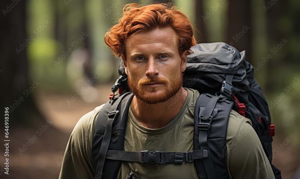 Autumn hike on forest. Portrait of handsome bearded nordic red-haired man with backpack. Beautiful forest landscape.