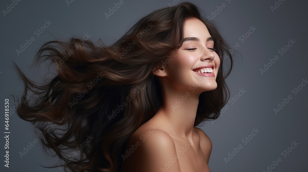 Young and lovely woman with clear skin on her face. Close-up of a beautiful female with long hair and treatment hair. - obrazy, fototapety, plakaty 
