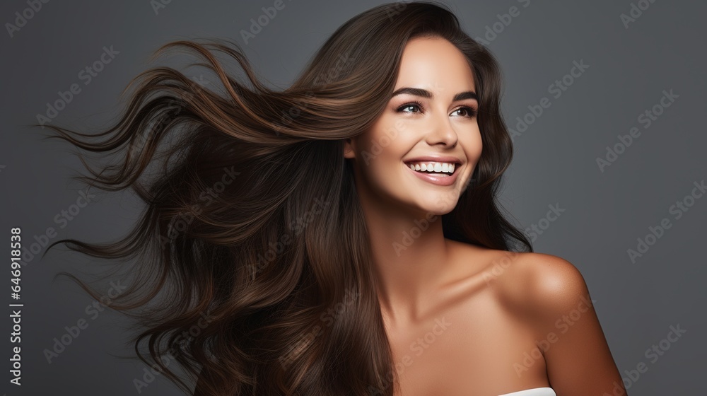 Beautiful woman applies skin care cosmetics on her face, long hair, and treatment hair. Spa, skincare, and wellbeing.  - obrazy, fototapety, plakaty 