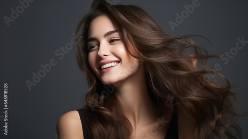 Young and lovely woman with clear skin on her face. Close-up of a beautiful female with long hair and treatment hair.