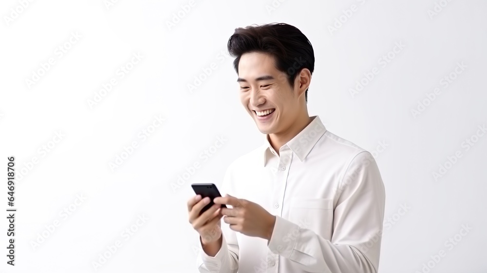Young person with mobile phone on white background. generative ai Young person with mobile phone on white background. generative ai