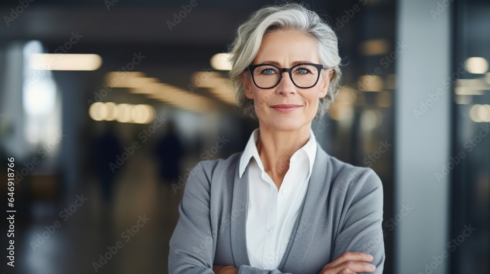 Fototapeta premium senior woman is photographed looking at the camera. Successful older businesswoman with spectacles. Standing in office is a happy old professor.