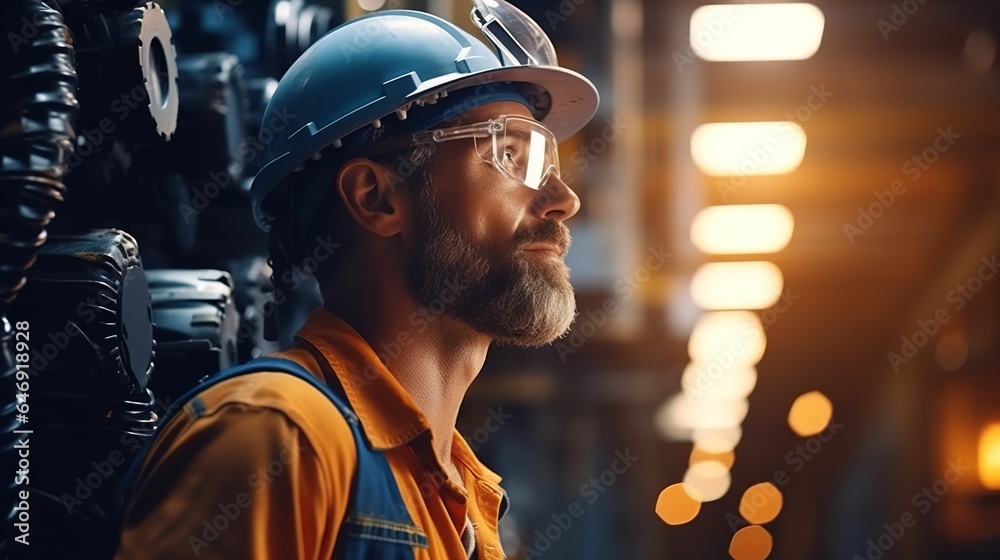 professional heavy industrial engineer in close-up Workers in industrial factory wearing safety suits, goggles, and hard helmets. professional heavy industrial engineer in close-up Workers in industrial factory wearing safety suits, goggles, and hard helmets.