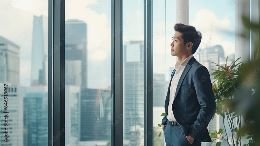 portrait of a asian businessman looking window in office portrait of a asian businessman looking window in office