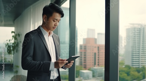 A professional Asian businessperson uses tablets in the office.