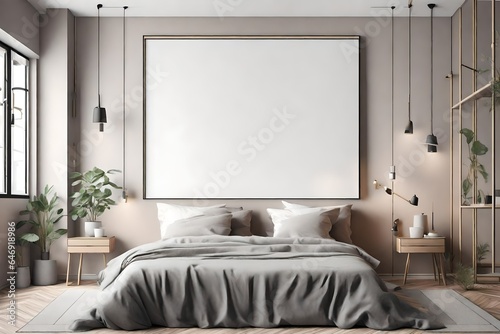 Mock up poster frame in bedroom interior background in modern style, 3D Rendering