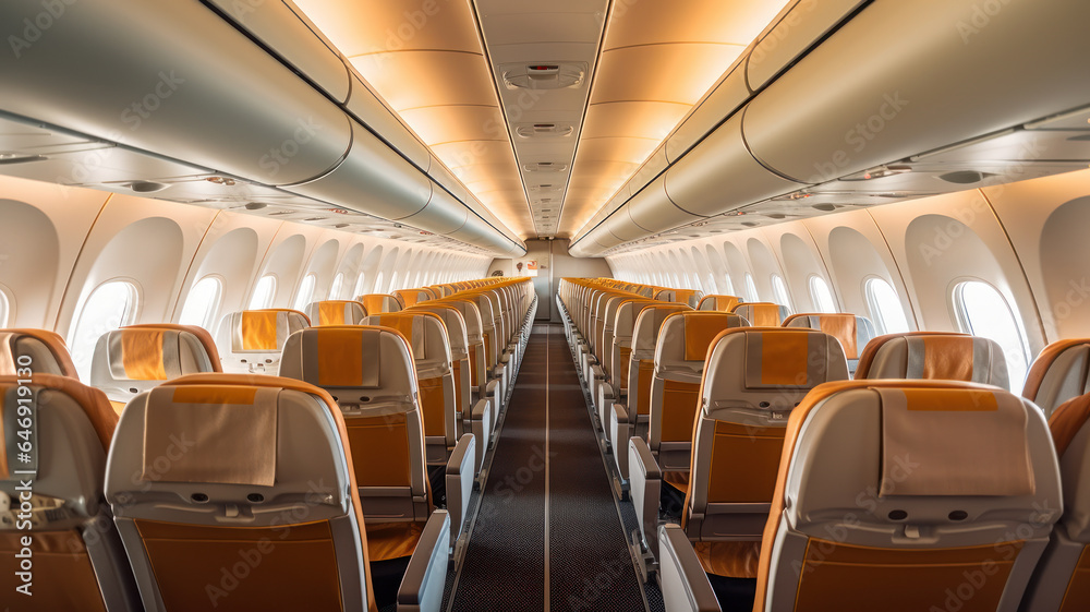 Interior of a commercial aircraft with cabin seats Interior of a commercial aircraft with cabin seats