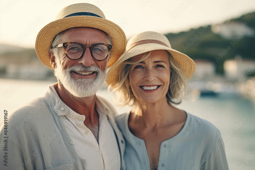 Portrait of happy senior couple in hats looking at camera and smiling while standing on beach