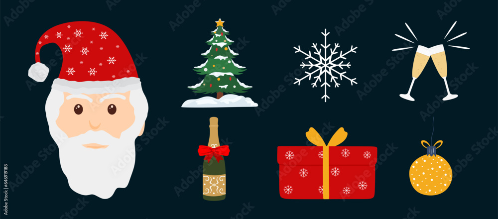 Set of christmas vector icons. Collection of new year elements isolated. Flat illustration of Santa Claus, christmas tree, snowflake, Glasses of champagne, Champagne bottle, toy and gift box. Vector 