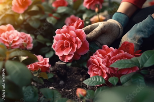 Close-up of female gardener s hands planting flowers in the garden.