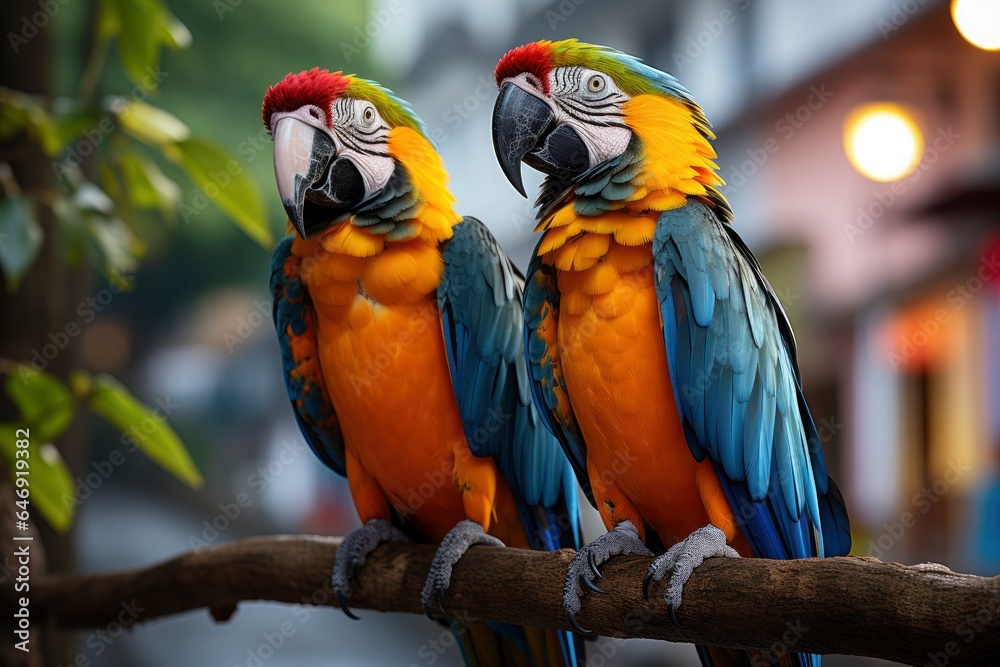 A pair of colorful macaws perched on a tree branch, their vibrant plumage on full display.