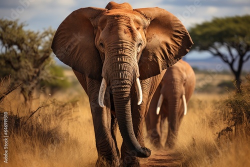 A majestic African elephant with impressive tusks grazing on lush savanna grasslands.