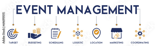 Event management banner website icon vector illustration concept with icon of target, budgeting, scheduling, logistics, location, marketing, and coordination on white background