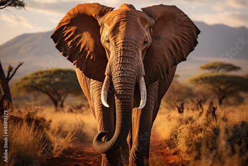 A majestic African elephant with impressive tusks grazing on lush savanna grasslands.