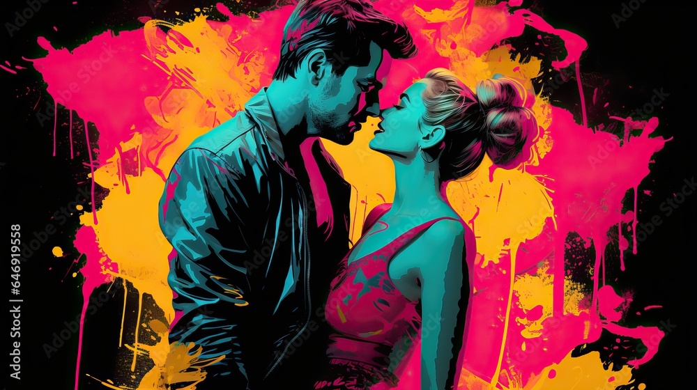 Couple kiss, pop art collage style neon bold color Couple kiss, pop art collage style neon bold color