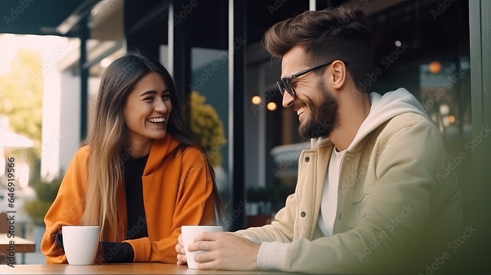 Couple have coffee at outdoor cafe Couple have coffee at outdoor cafe
