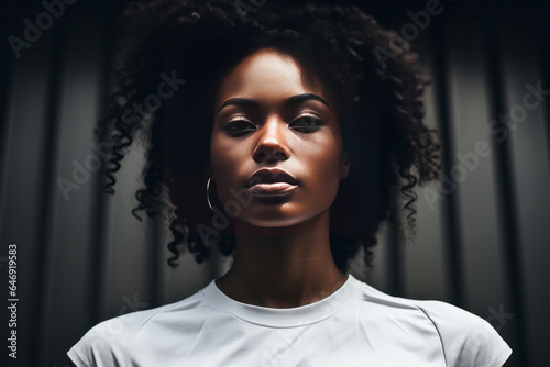 Portrait of young beautiful African American woman looking at camera with serious face on dark background.