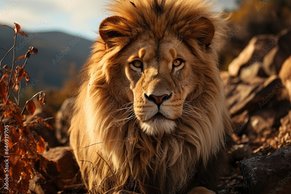 A regal lion surveying its territory from a rocky outcrop. A regal lion surveying its territory from a rocky outcrop.