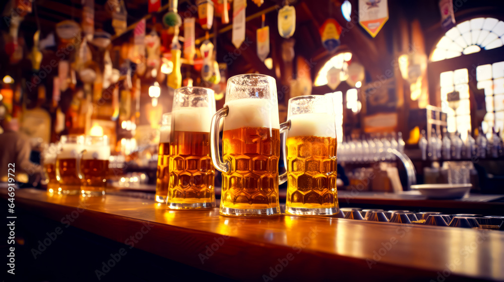 Two mugs of beer sitting on bar with lights in the background.