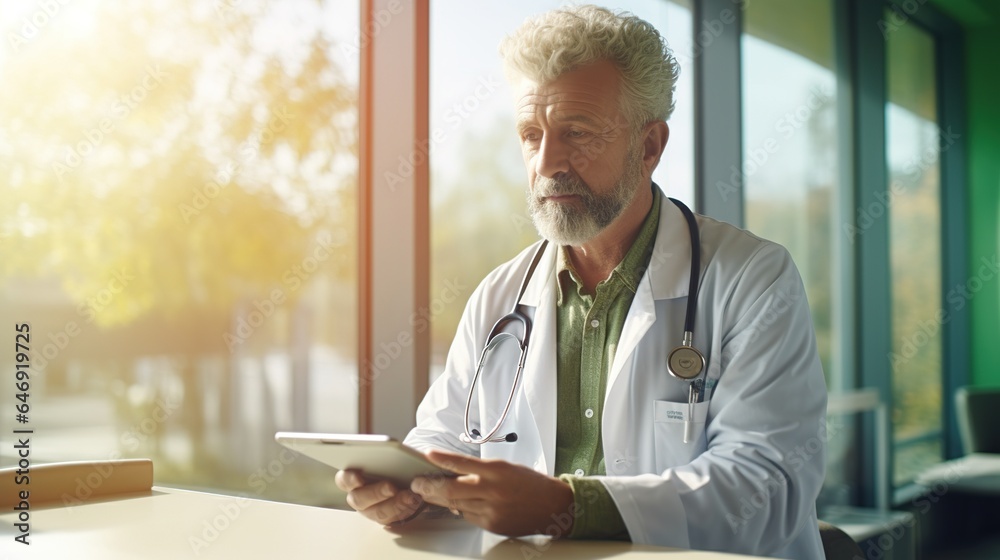 Close-up of a senior doctor in a white uniform with a stethoscope using a digital tablet and medical apps, a serious confident mature therapist gp working online and consulting a patient. Close-up of a senior doctor in a white uniform with a stethoscope using a digital tablet and medical apps, a serious confident mature therapist gp working online and consulting a patient.