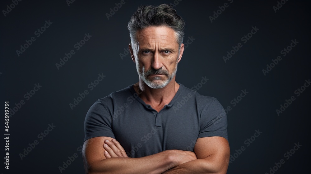 Serious and confident young man in a black shirt, with a handsome expression, showcasing a casual yet fashionable style in a studio portrait