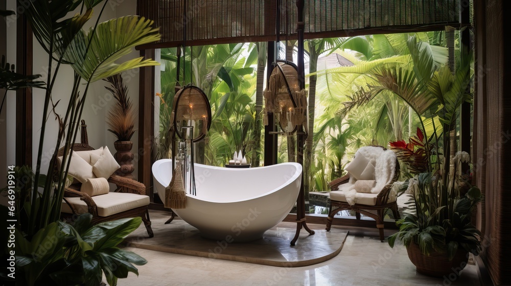 Fototapeta premium Cozy hotel room with white bathtub, nature scene