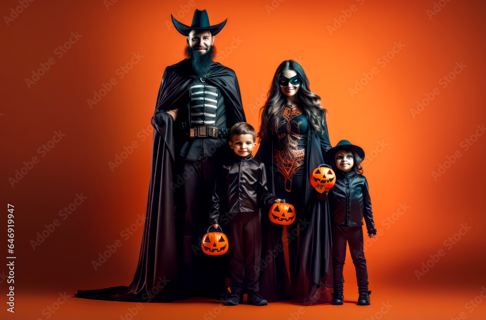 Family dressed up as witches and pumpkins for halloween photo shoot.