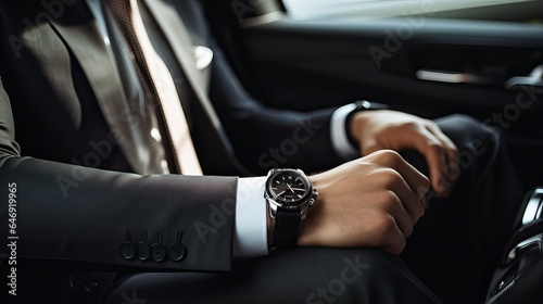 Businessman with luxury watch  drive a car