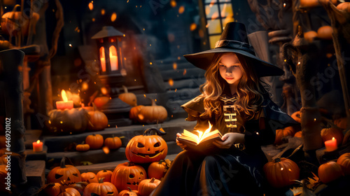Little girl dressed as witch reading book in front of pumpkins.