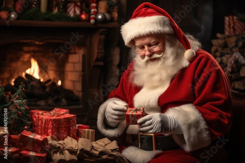 Santa Claus, in his traditional red suit and white beard, places gifts under the beautifully decorated Christmas tree while the soft glow of holiday lights fills the room. Generative Ai