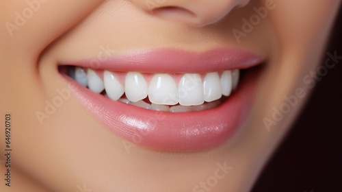 A young woman's smile shows off her pearly whites. a consequence of the teeth-whitening process. The picture represents dental treatment for the mouth. generative ai