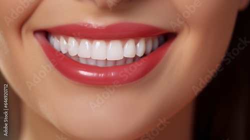 A young woman s smile shows off her pearly whites. a consequence of the teeth-whitening process. The picture represents dental treatment for the mouth. generative ai
