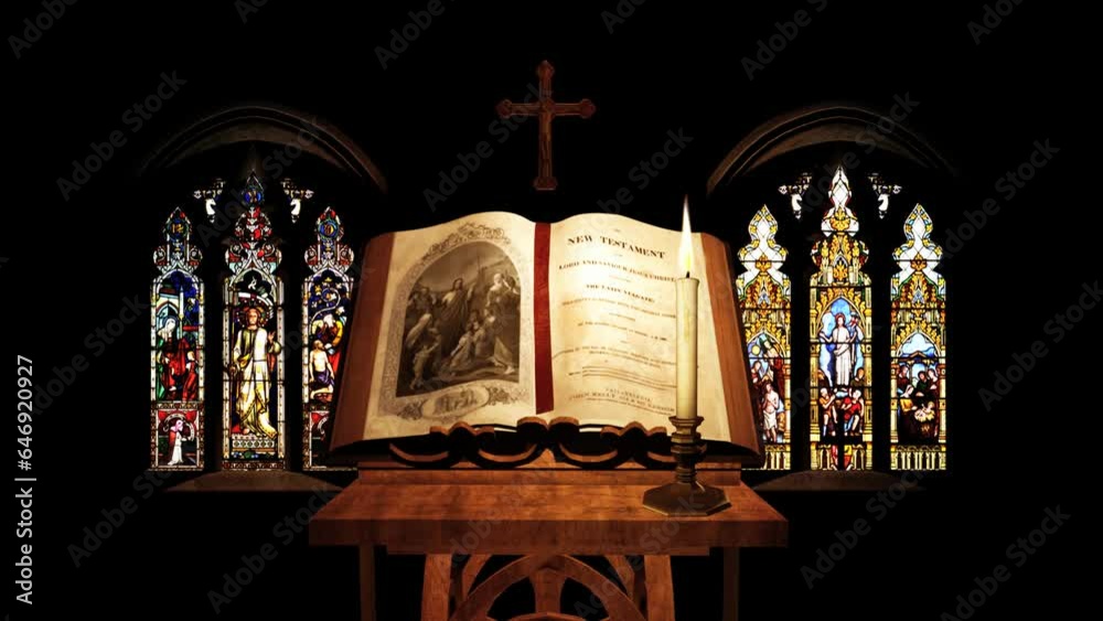 Christian Church - Holy Bible, Burning Candle, Crucifix Cross and Iconic Windows - 3D Animation Loop