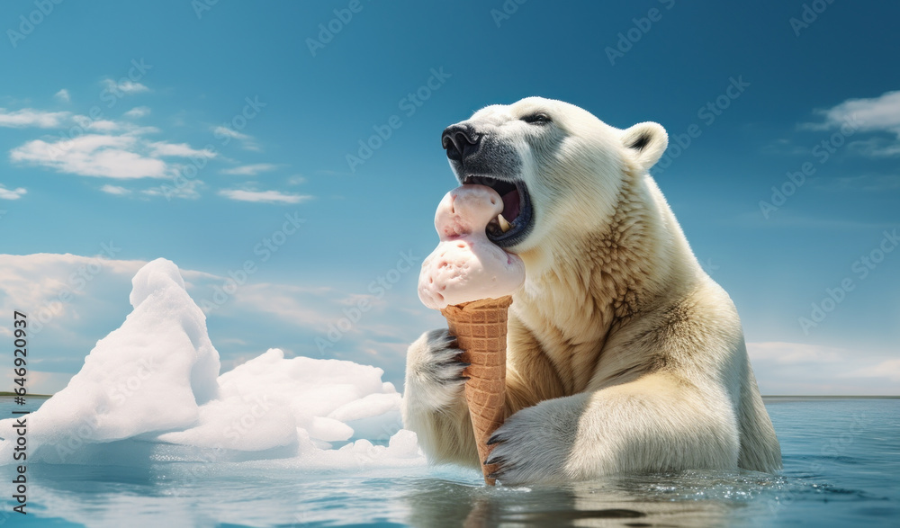 Polar bear eating ice cream in water - obrazy, fototapety, plakaty 