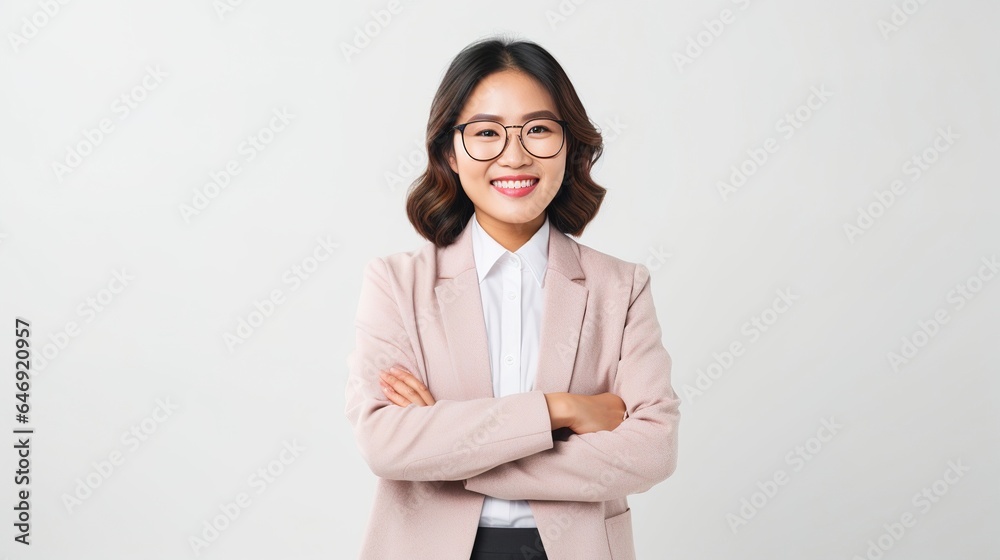 Smiling Businesswoman Standing Confidently in Professional Studio Environment Smiling Businesswoman Standing Confidently in Professional Studio Environment