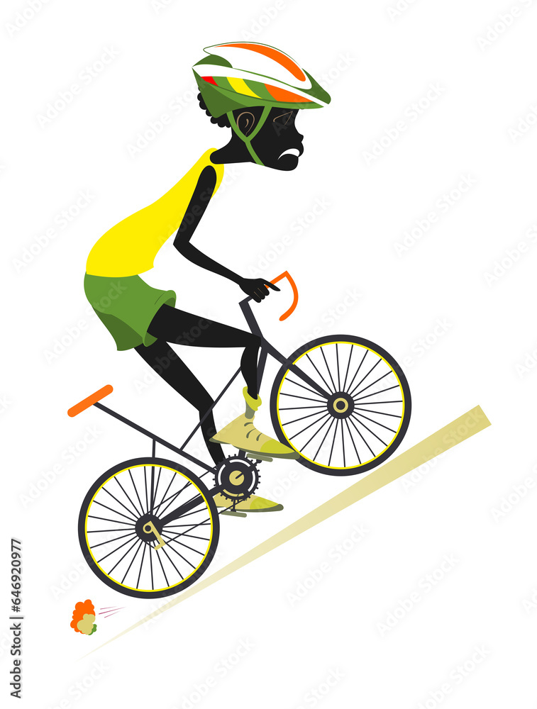 Fototapeta premium Tired cyclist African man rides a bike. Tired African man in helmet overcomes a steep ascent. Isolated on white background