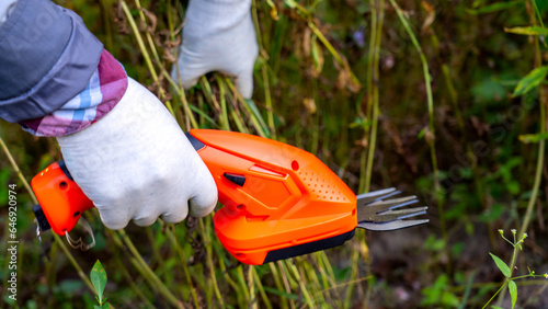 a female gardener's hand holds an electric small brush cutter