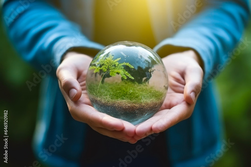 Human hands holding glass globe with green tree growing inside. Ecology concept