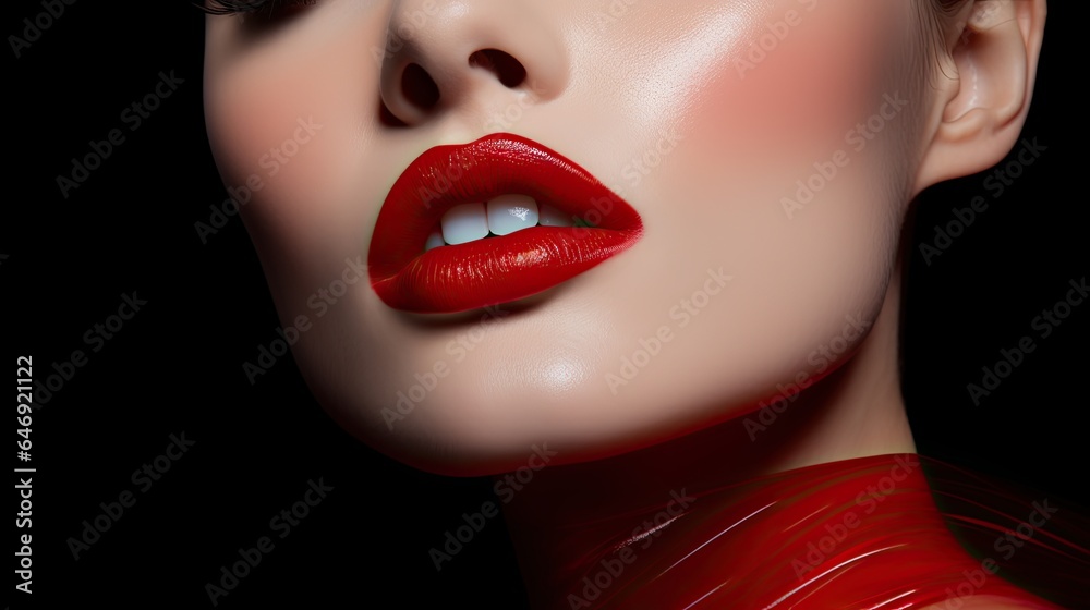 Obraz premium Model displaying a contrasting combination of matte and glossy paint makeup, highlighting the lips