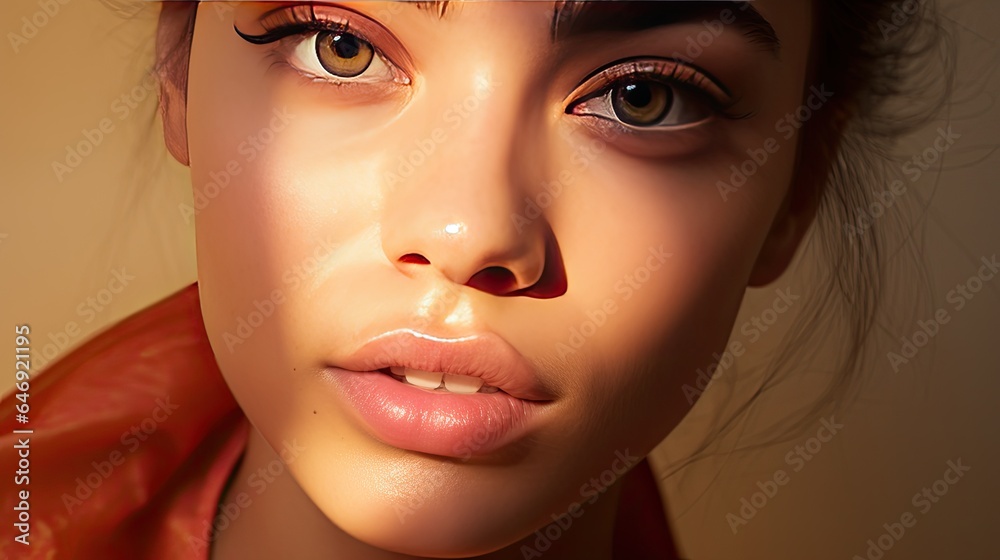 Model displaying a gradient of warm paint makeup colors, emphasizing the transition from the eyes to the cheeks