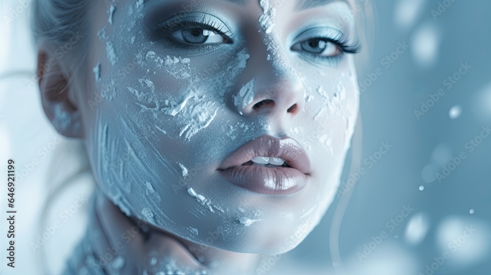 Model emphasizing a frozen look with icy blue paint makeup, focusing on the chin area
