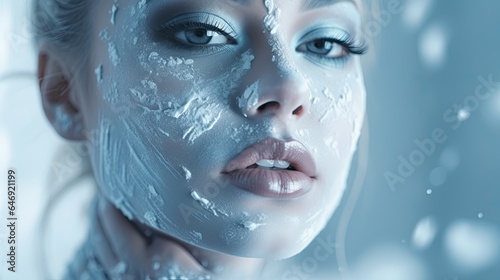 Model emphasizing a frozen look with icy blue paint makeup, focusing on the chin area