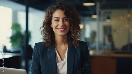 portrait of a beautiful businesswoman smiling at office background. generative ai